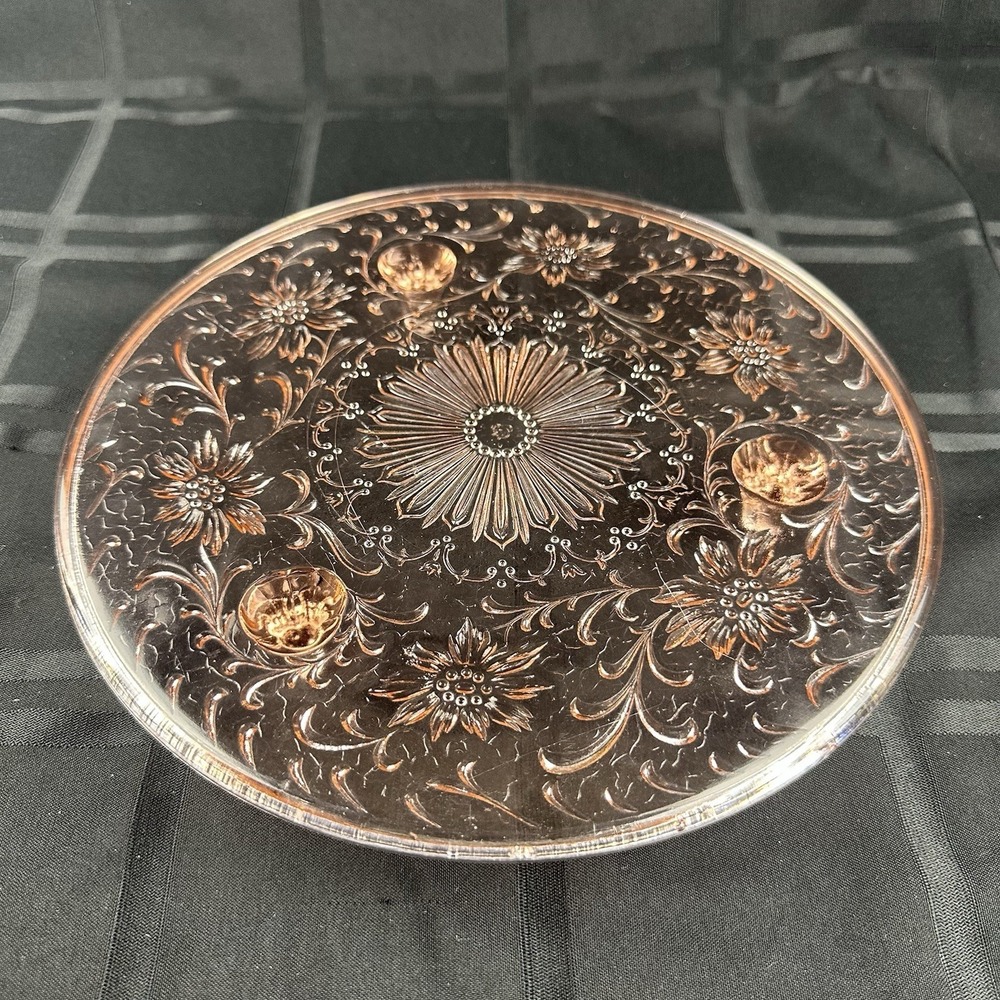 1930's Jeannette Glass Pink Depression Glass Cake Plate Sunflower Pink 3 Footed